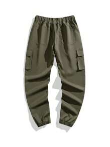 男士三件套多口袋纯色工装裤，夏季海滩度假休闲裤，适合日常通勤、运动训练、户外活动，宽松版型，街头风，健身，跑步，日常休闲，九分裤长，秋季服装 - 卡其色 - 查看 2