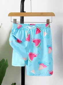Boys' Watermelon Print Drawstring Waist Casual Beach Shorts, Summer Swimwear - Blue - View 6