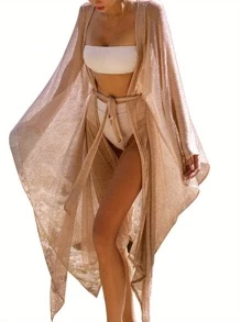 Women Golden Shiny Bikini Cover Up, Open Front Tie Waist Sun Proof Long Dress Beachwear - 卡其色 - 查看 1