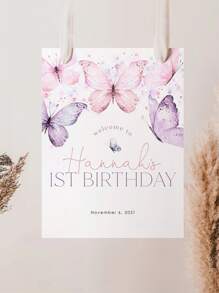 1pc- Custom Name Frameless Poster - Pink Butterfly Birthday Welcome Poster, Birthday Welcome Sign Printed Canvas Poster, Personalized Drawing Board, Outdoor Poster - Custom Date Poster, Butterfly 1st Birthday Welcome Sign