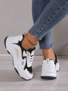 2025 Autumn Sneakers For Women New Round Toe Lace-Up Patchwork Color Block Fashionable Sport Shoes For Women, Thick Soles - Beige - View 6