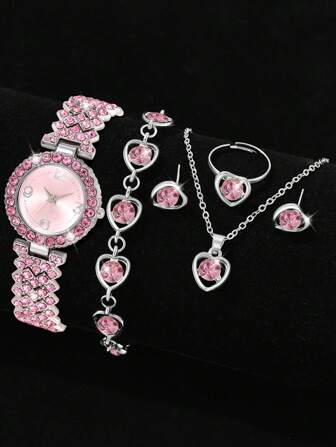 6 pièces Ensemble de montres roses pour femmes, magnifique et tendance, montre à quartz avec strass et pierres, bracelet, collier, boucles d'oreilles, bague, ensemble de bijoux en alliage