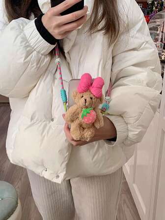 可爱熊毛绒钥匙扣、手机挂绳、斜挎包、手机壳夹、防丢失便携式饰品，适合送给母亲、家人、朋友、生日、节日的手机饰品、手机链