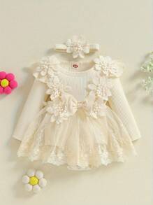 Newborn Baby Girls Romper Dress 3D Flower Bow Long Sleeve Lace Tulle Dress Bodysuit Headband Sets Adorable Ribbed Outfits - 卡其色 - 查看 3