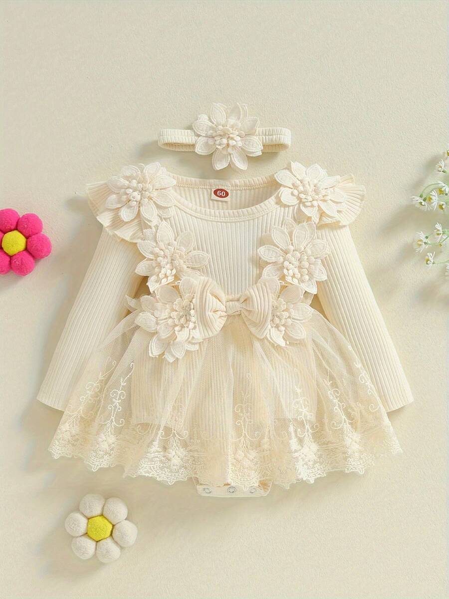 Newborn Baby Girls Romper Dress 3D Flower Bow Long Sleeve Lace Tulle Dress Bodysuit Headband Sets Adorable Ribbed Outfits - Màu Khaki - Xem 1