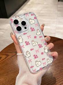 花卉、兔子和蝴蝶结卡通图案手机壳，清新可爱的波浪透明手机壳，兼容 iPhone、iPhone 11/13/14/15/15 ProMax、iPhone 16/iPhone 16 Pro/iPhone 16 Plus/iPhone 16 ProMax