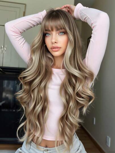 TOPSHE帶瀏海30英吋棕色卷曲假髮，時尚美麗的女士波浪型合成假髮，適用於女孩日常及派對使用，耐高溫長卷發型