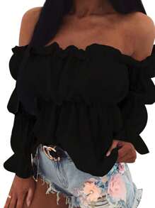 Off Shoulder Long Sleeve Tops For Women Solid Color Blouse, Flare Bell Sleeve Loose Shirt - 黑色 - 查看 4