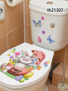 1PC Easter Bunny & Eggs Printed Toilet Sticker, For Home Decoration & Easter Bunny Bathroom Stickers - Waterproof PVC, Spring Butterfly Wall Decal, Vinyl Decal For Home Decorations, Spring Butterfly Element Wall Stickers Decoration Items Refresh Your Home, Rama Decoration Stickers - 11.81*11.81in/11.61*11.61in
