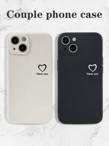 Customizable 2 Pieces Heart Print & Text Couple/Bestfriend Commemorative Fashion Phone Case, Personalized Name/Letter Full Coverage Soft Phone Protective Shell, Valentine's Day/Birthday Gift Compatible With 11 12 13 14 15 16 Pro Max - Black - View 1
