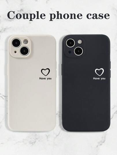 Customizable 2 Pieces Heart Print & Text Couple/Bestfriend Commemorative Fashion Phone Case, Personalized Name/Letter Full Coverage Soft Phone Protective Shell, Valentine's Day/Birthday Gift Compatible With 11 12 13 14 15 16 Pro Max