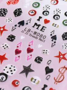 2 Packs Y2K Nail Art Stickers, Cartoon Cherry Leopard Stars Billiards Playing Cards, 3D Self-Adhesive Plastic Nail Embellishments, Glossy Finish, Single Use, Embroidered Look, Rectangle Shape, For DIY Manicure Nails Nail Supplies - Multicolor - View 6