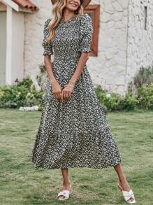 Women Casual Summer Crew Neck Ruffle Short Sleeve Floral Print Polka Dots Smocked Dress Button Keyhole Back Spring Boho Bohemia Tropical Flowy Beach Holiday Vacation Valentine Long Maxi Dress - 黑色+杏色 - 查看 3