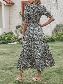Women Casual Summer Crew Neck Ruffle Short Sleeve Floral Print Polka Dots Smocked Dress Button Keyhole Back Spring Boho Bohemia Tropical Flowy Beach Holiday Vacation Valentine Long Maxi Dress - 黑色+杏色 - 查看 2