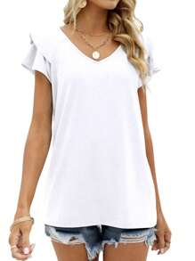 GEREARC Womens Summer Tops Ruffle Short Sleeve V Neck T-Shirts Loose Fit - 白色 - 查看 4