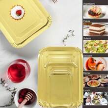 10 件金色纸盘，轻质矩形餐盘，一次性盘子，大号餐具食物托盘，适用于饼干蛋糕甜点小吃开胃菜节日野餐派对用品生日