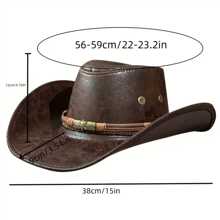 Mens PU Leather Western Hats Solic Color Retro Cowboy Hat With Chin Strap For Spring Fall - Brown - View 6