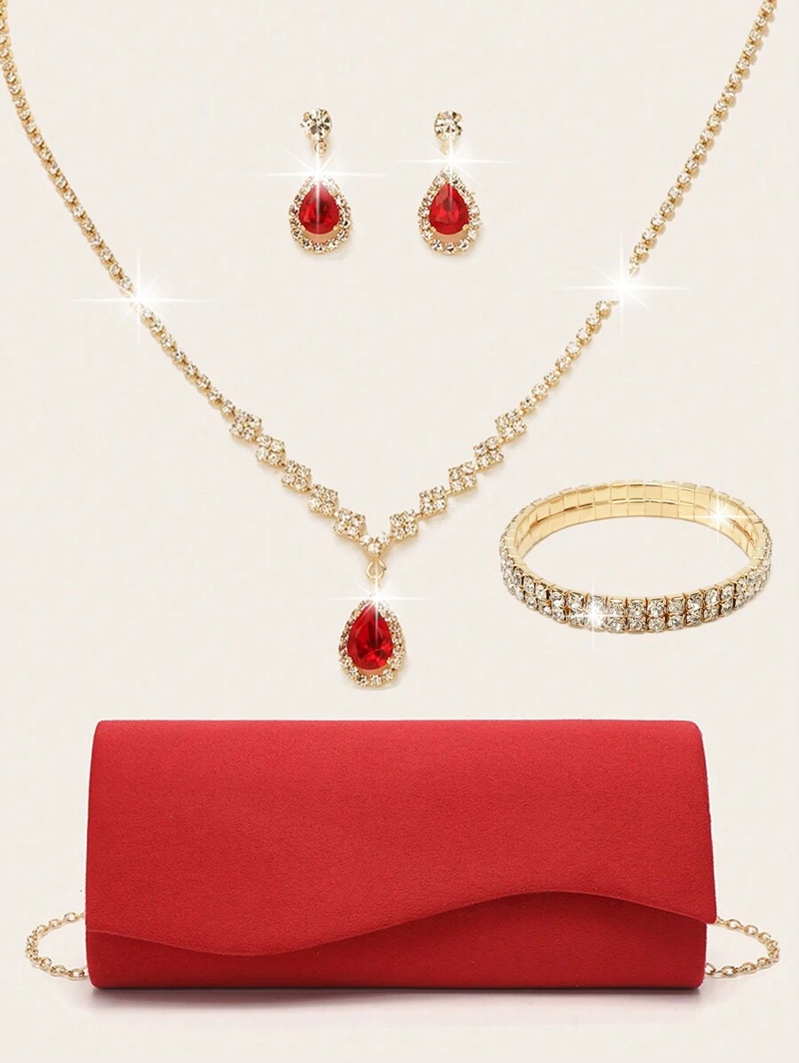 Rhinestone Jewelry Set Bling Necklace Earrings Bracelets Set For Women Evening Clutch Bag Glitter Purse Clutch Purse Red Velvet Envelope Evening Bag For Women Prom Handbag With Detachable Chain For Wedding And Party Shoulder Bag For Women Clutch Purses For Ladies Party Handbag Wedding Bag - Red - View 1