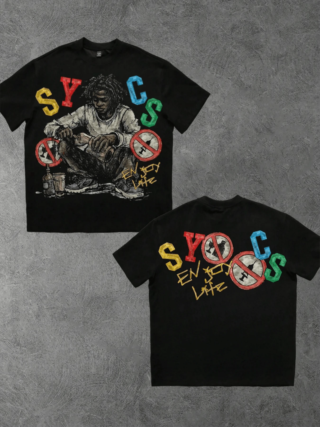 Men 1Pcs Man Writes ENJOY LIFE Street Art Despite Being Controlled Digital Printed Round Neck Short Sleeve Casual Tee 220g Heavy Cotton T-Shirt - 黑色 - 查看 1