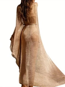 Women Golden Shiny Bikini Cover Up, Open Front Tie Waist Sun Proof Long Dress Beachwear - 卡其色 - 查看 4