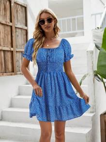 Stylish Bohemian Look Floral Smocked Square Neck Short Sleeve Ruffle Beach Mini Dress - Blue - View 4