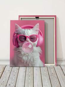 1pc Canvas Art Painting, Modern Decorative Poster Depicting A Cat Wearing Headphones And Chewing Bubble Gum, Frameless Wall Decor Suitable For Home, Office And Bathroom, High-Quality Canvas - Pink - View 10