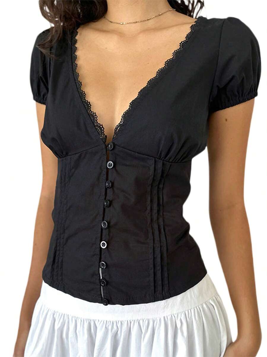 Women Summer Short Sleeve V-Neck Button Down Shirts Dressy Victorian Blouse Tops Puff Sleeve Casual Dressy Blouses Eyelet Tee Tops - 黑色 - 查看 1
