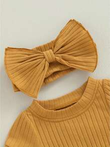 0-18M Baby Girl 2 Piece Outfits Solid Color Short Sleeve Romper With Bow Headband Set Summer Clothes - 棕色 - 查看 5
