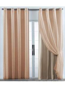 Checkered Voile Curtain With Microfiber Lining 4.00m Decoration - 榛子 - 查看 2
