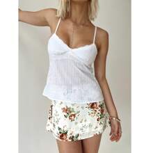 Women's V-Neck Lace Trim Camisole Spaghetti Strap Peplum Crop Tank Tops Loose Sleeveless Ruffle Hem Vest Shirts - trắng - Xem 3