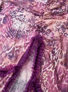 Women's Purple Sexy Printing Strapless Spaghetti Dress Deep V Neck High Slit Lace Hem Long Party Dress,Easter Women Dress - 紫色 - 查看 5
