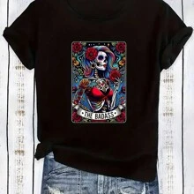 Skull Pattern Printed Women's T-Shirt - Summer Women's Fashionable, Casual, Comfortable And Soft Daily Outdoor Sports And Fitness Pure Cotton Breathable Round Neck Short-Sleeved T-Shirt