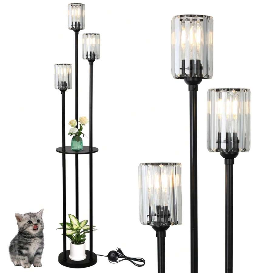 Crystal Floor Lamp With Shelves, Modern Floor Lamps For Living Room Decor, 3-Lights Standing Lamps With Table, Black Floor Lamp With Crystal Shade, On/Off Foot Switch, Corner Floor Lamp For Bedroom - 查看 1
