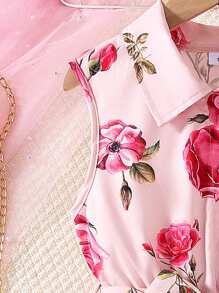 春夏少女优雅花卉数码印花无袖连衣裙配腰带，合身腰部款式及踝长连衣裙，适合休闲、度假穿着 - 粉色 - 查看 4
