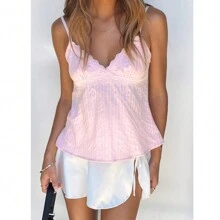 Women's V-Neck Lace Trim Camisole Spaghetti Strap Peplum Crop Tank Tops Loose Sleeveless Ruffle Hem Vest Shirts - Hồng - Xem 4