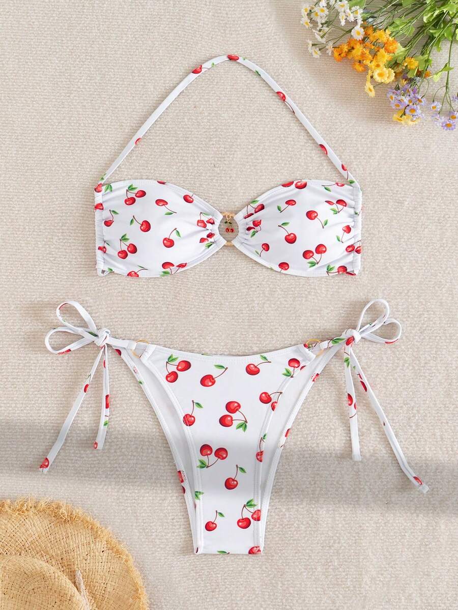 New Cherry Print Tie Bikini Set - Multicolor - View 1