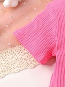 Soft & Comfortable Fashion Cute Young Girls Solid Color Round Neck T-Shirt And Bowknot Decor 3D Cat Print Bib Denim Jumpsuit Shorts, Spring/Summer Casual Daily Holiday Party Outfit - Multicolor - View 4