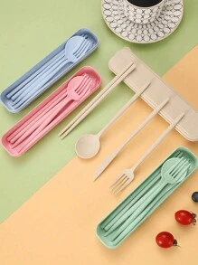 Set de 3 piezas de utensilios de viaje portátiles con estuche, cubertería reutilizable que incluye cubiertos, cuchara de café, tenedor de ensalada, cuchillo de bistec, palillos para comida, cuchara de postre y caja de almacenamiento, cubertería reutilizable con estuche, set de utensilios portátil para adultos - Multicolor - Ver 9