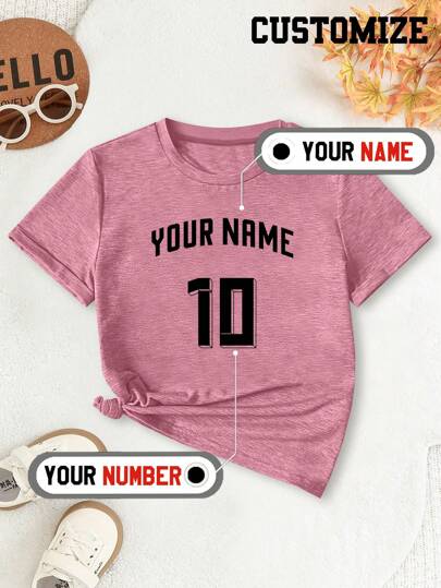 Customized Short Sleeve T-Shirt For Girls & Teens, Name & Number Printing, Sports Style, Fashionable & Versatile For Outdoor Activities, Casual Daily Wear, Spring/Summer, Aged 8-12