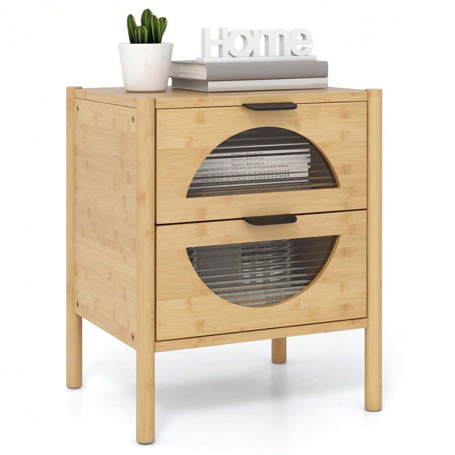 Bamboo Nightstand Mid-Century Modern Bedside Table - Khaki - View 1