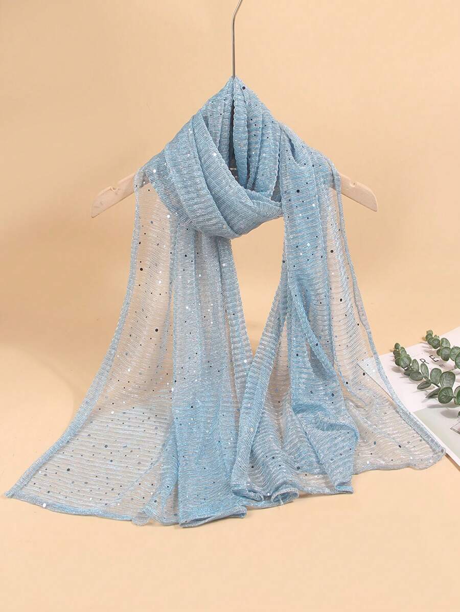 1pc Women's Lightweight Solid Color Sequin Bandana Headscarf, Middle Eastern Style Headwrap, Decorative Scarf, Sun Protection Beach Shawl, Suitable For Daily Use - Blue - View 1