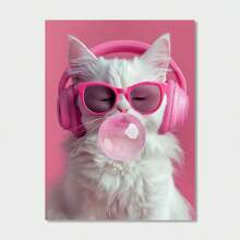 1pc Canvas Art Painting, Modern Decorative Poster Depicting A Cat Wearing Headphones And Chewing Bubble Gum, Frameless Wall Decor Suitable For Home, Office And Bathroom, High-Quality Canvas - Pink - View 12