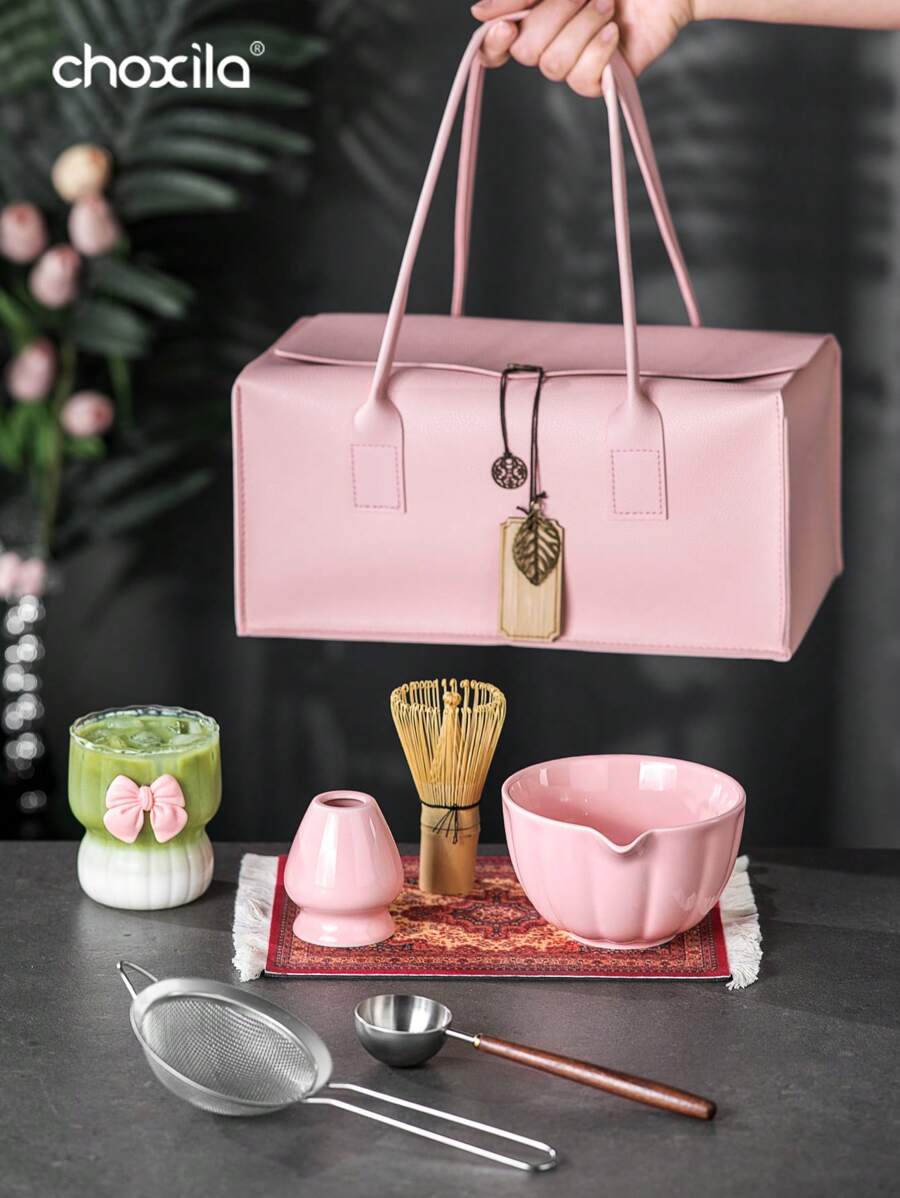 choxila 7pcs Matcha Traditional Starter Set, Matcha Whisk Set, Matcha Preparation Set, Matcha Gift Set (Includes Matcha Bowl, Bamboo Matcha Whisk, Tea Spoon, Whisk Holder, Matcha Sifter, Tea Cup, Tea Mat), Great Back-To-School Gift - Pink - View 1