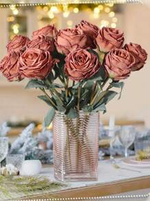 1/3/4/6/7pcs Artificial Fire Roses, Artificial Flowers, Wedding Season Decorations, Table Decorations, Centrepieces, Mother's Day Decorations, Plastic Flowers, Candlelight Dinner Decorations, Harvest Festival, Thanksgiving Day, Christmas School - Coffee Brown - View 10