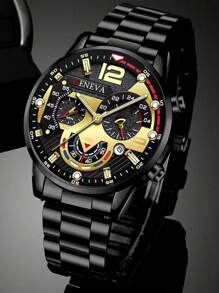 4pcs Quartz Watch Set For Men - Business Style Necklace, Bracelet, Ring, Stainless Steel Watch With Precise Date Display, Comfortable, Suitable For Casual And Sports - Ideal Gift For Him - Black - View 2