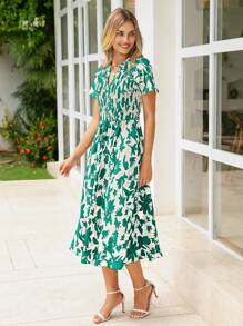 Women Summer Boho Floral Casual V Neck Ruffle Short Sleeve A-Line Midi Sun Dress