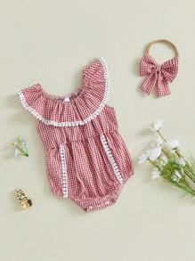 Baby Girls Rompers Plaid Lace Tassel Ruffles Elastic Collar Infant Bodysuits Jumpsuits With Headband - Red - View 3
