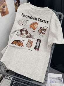 女士休闲宽松灰色小狗印花圆领短袖 T 恤，夏季透气街头服饰 - 淺灰色 - 查看 3