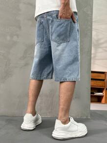 MODCRASH 男士前扣口袋休闲牛仔短裤，复古水洗蓝经典美式街头风百慕大牛仔短裤，送给男友/老公的绝佳礼物 - 淺色水洗藍 - 查看 6