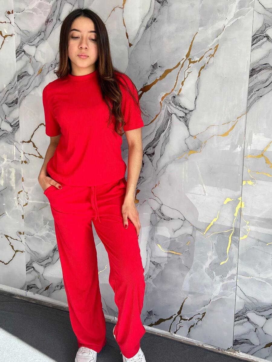 camiseta cuello redondo de hombros caídos y pantalones largos acampanados con cordón delantero y cintura alta moda casual cómoda - Rojo - Ver 1